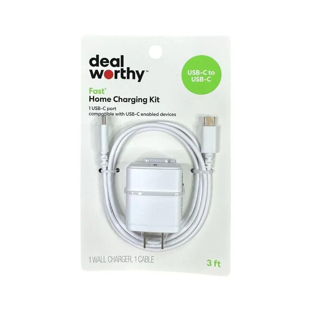 dealworthy Single Port 20W USB-C Home Charger 3’ USB-C to USB-C Cable - White